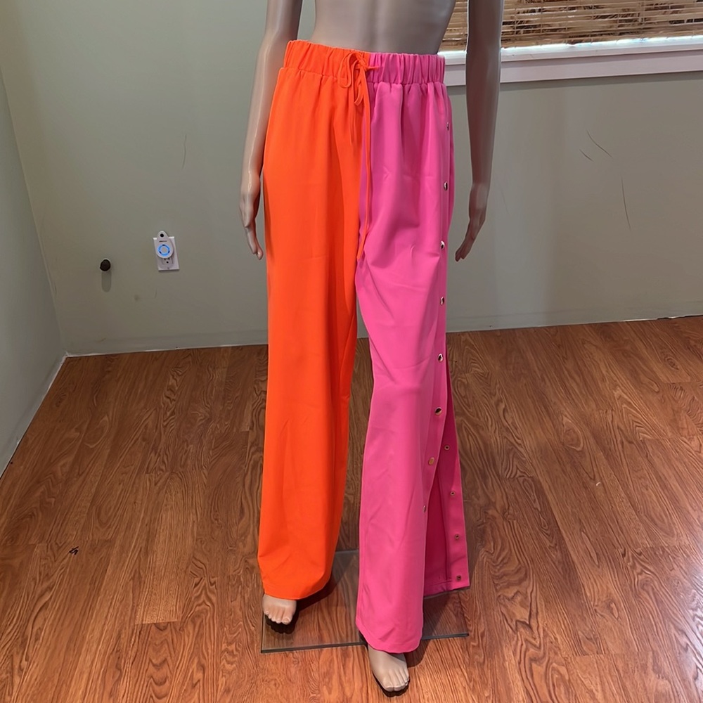 Akira Color Block Trousers With Drawstring Waist And Gold Snaps Down Each Leg L